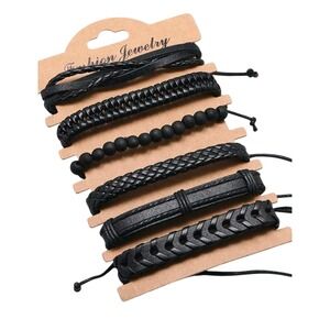 Mens Leather Bracelet Set Braided Beaded Cuff Wrap Style Black